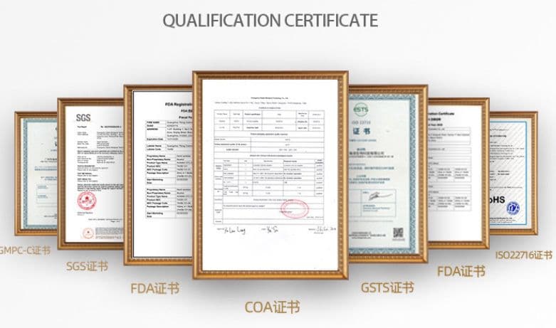 SGS, FDA, COA, GSTS, ISO 22716 qualification certificates